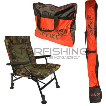   CARP EXPERT COMFORT CAMO SZÉK BOTZSÁKKAL ÉS SZÁKTARTÓ TÁSKÁVAL