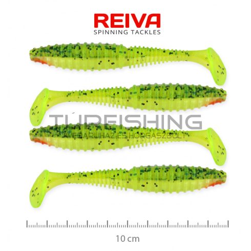 REIVA Zander Power Shad 10cm 4db/cs (Zöld-Narancs Flitter)